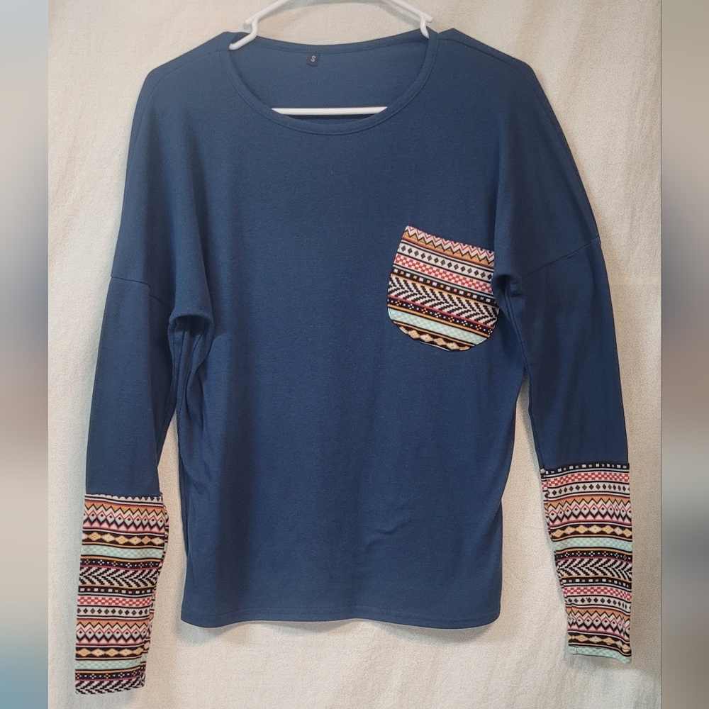 POGTMM Long Sleeve Thumb Hole Top Patchwork Aztec Western Design Sz WOMENS SMALL